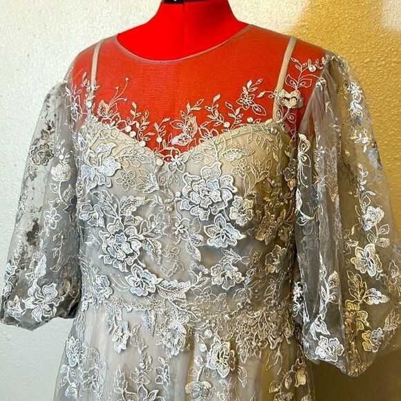 NEW Mac Duggal women’s embroidered illusion high neck puff sleeve dress size 16 - Picture 6 of 14